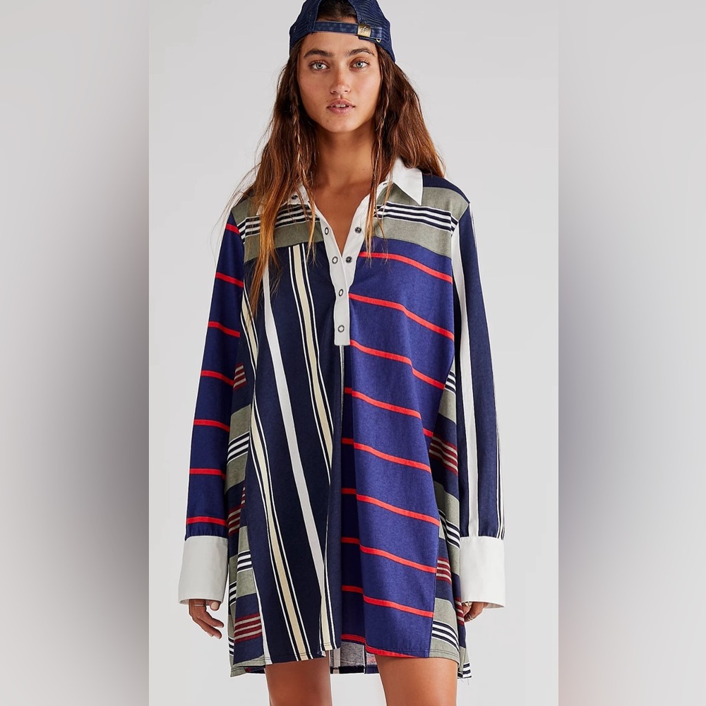 Free People Play Date Rugby Mini Dress Oversized Mixed Stripe Collared L